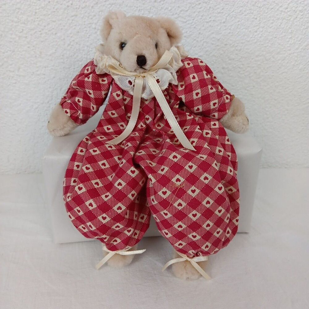 Shelf Sitter Bear Plush Red Heart Gingham Americana Craft Handmade Cottage Core